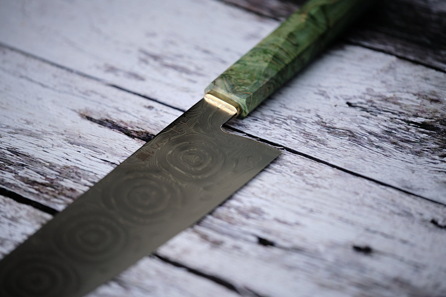 BLACK HANDLE – 8” Kiritsuke Knife | 67-Layer Damascus Steel with Green Solidified Wood & Copper Bolster