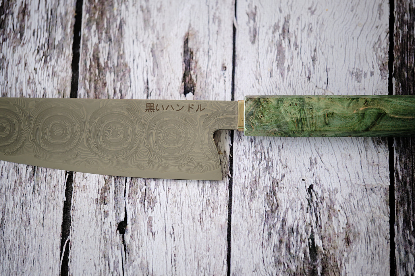 BLACK HANDLE – 8” Kiritsuke Knife | 67-Layer Damascus Steel with Green Solidified Wood & Copper Bolster