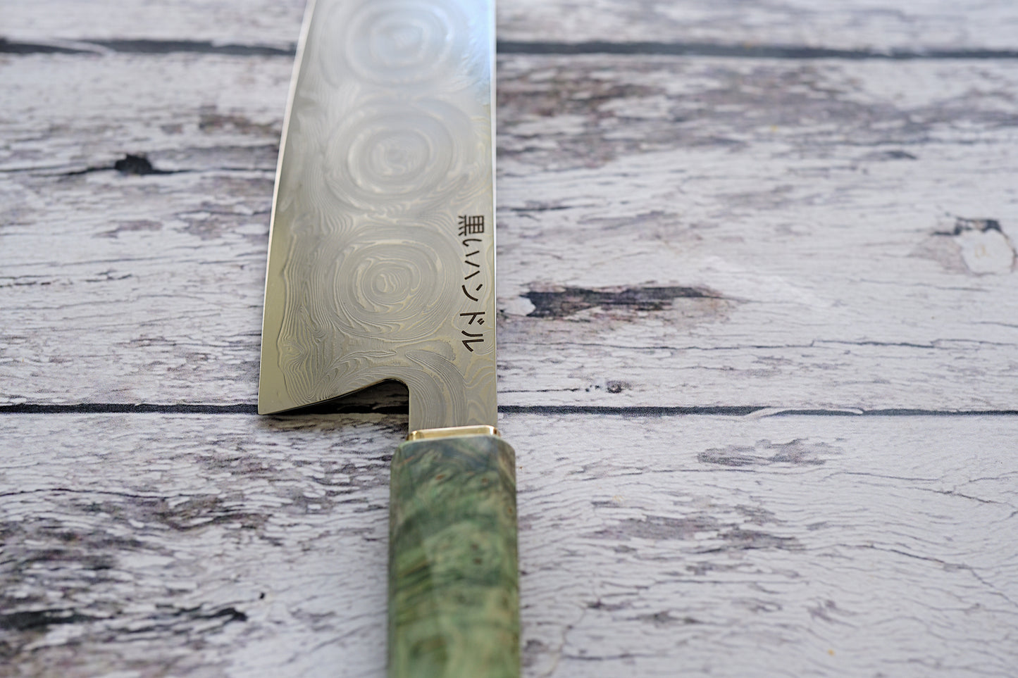 BLACK HANDLE – 8” Kiritsuke Knife | 67-Layer Damascus Steel with Green Solidified Wood & Copper Bolster
