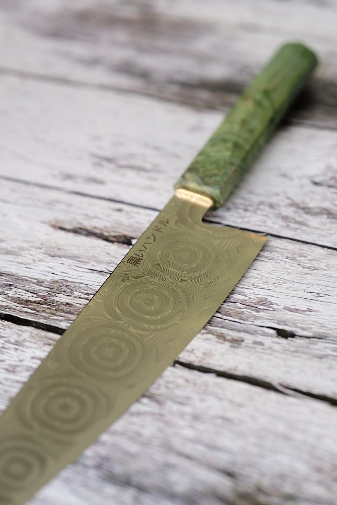 BLACK HANDLE – 8” Kiritsuke Knife | 67-Layer Damascus Steel with Green Solidified Wood & Copper Bolster