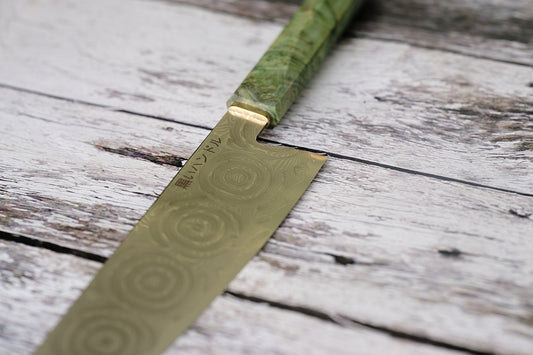 BLACK HANDLE – 8” Kiritsuke Knife | 67-Layer Damascus Steel with Green Solidified Wood & Copper Bolster