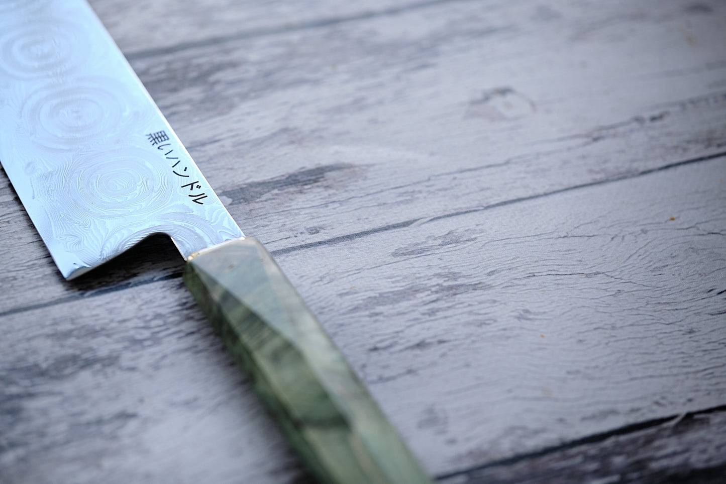 BLACK HANDLE – 8” Kiritsuke Knife | 67-Layer Damascus Steel with Green Solidified Wood & Copper Bolster