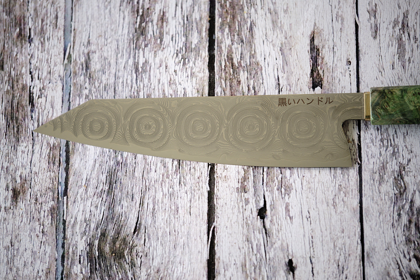 BLACK HANDLE – 8” Kiritsuke Knife | 67-Layer Damascus Steel with Green Solidified Wood & Copper Bolster